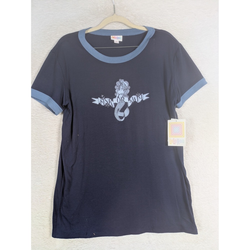 NEW LuLaRoe Liv Ringer Tee Women's S Navy Blue Mermaid Sink or Swim Graphic Trim
